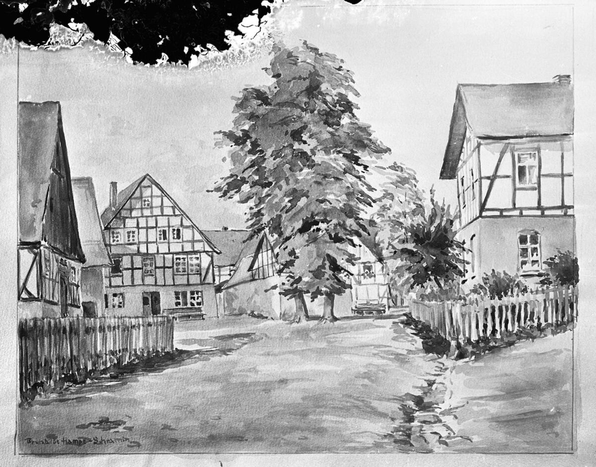 Blick auf Peitz und Hoffmes und Schumachers und Henken Gemälde Repro Brunhilde Hampe Schramm